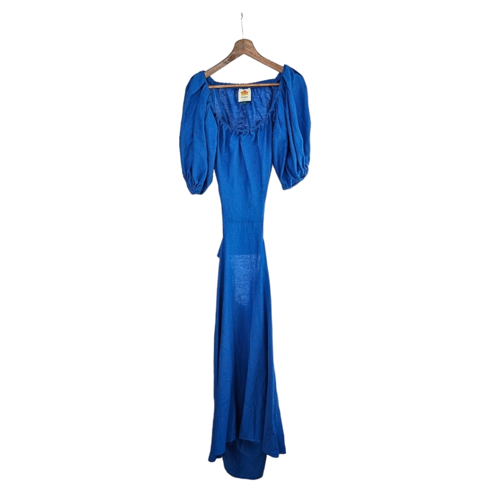 Farm Rio Knotted Linen Blue Midi Dress Size Small - Picture 2 of 8